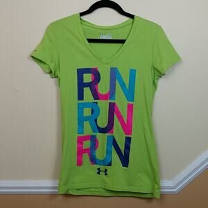 Under Armour "RUN" Semi-fitted Heat Gear Green Graphic Spellout T-Shirt sz Small
